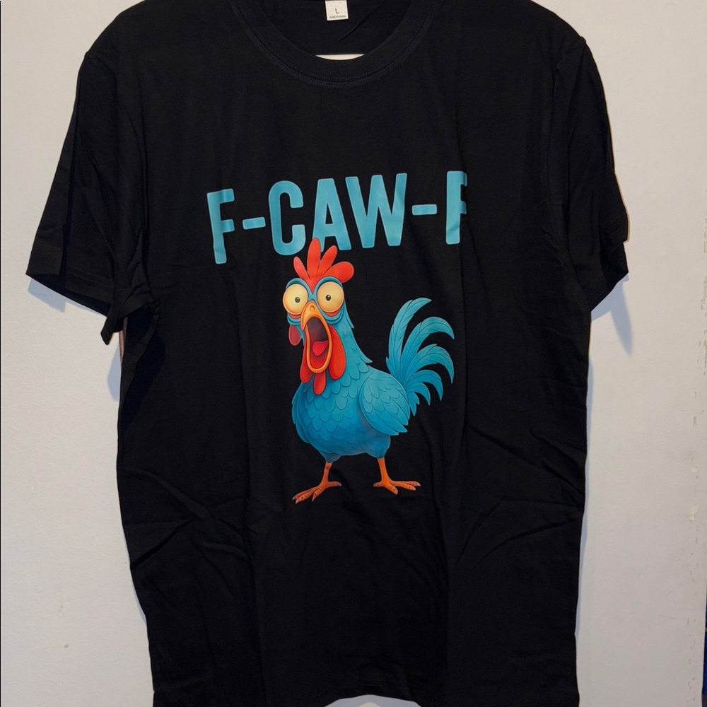 Black T-Shirt with Blue Rooster Graphic F-Caw-F